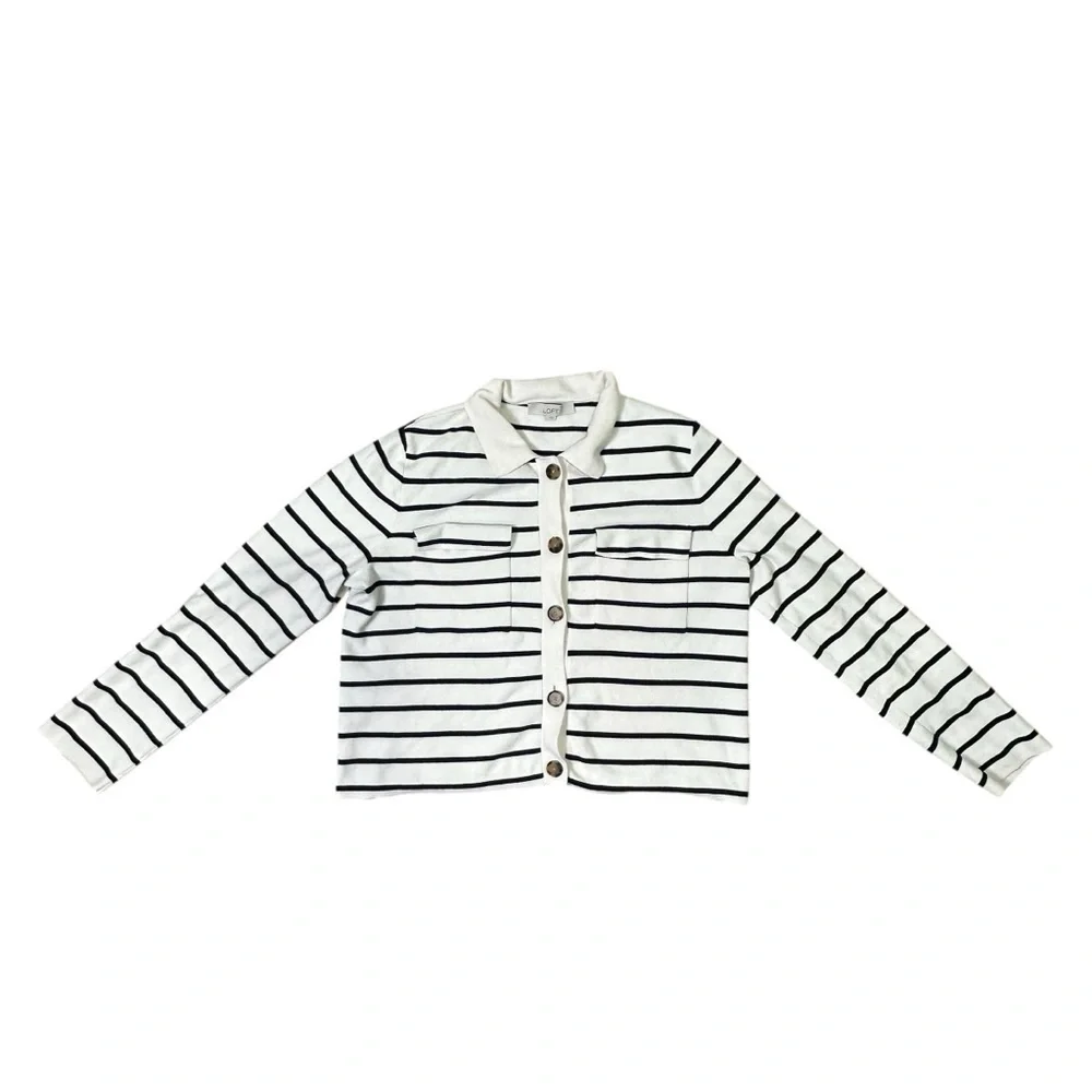Loft Women’s L Off-White & Navy Striped Collared Knit Cardigan